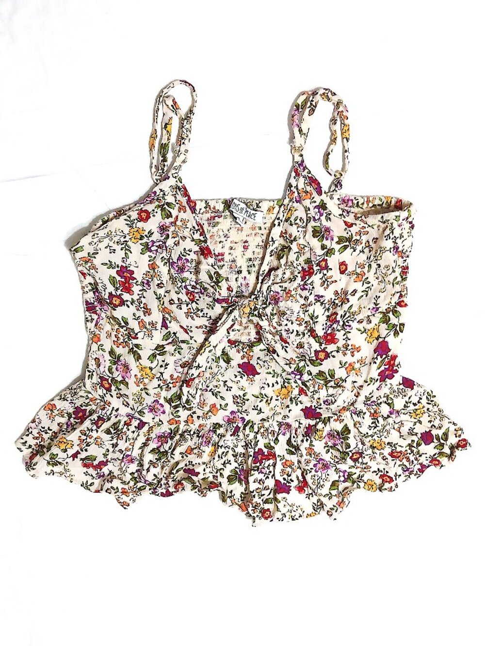 Patrons of Peace Cream Floral Tie Front Smocked Crop Tank XS Boho Ruffle Cami